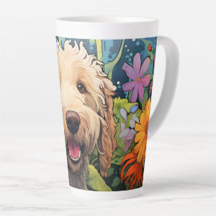 Latte Cartoon Goldendoodle em uma caneca de café no jard