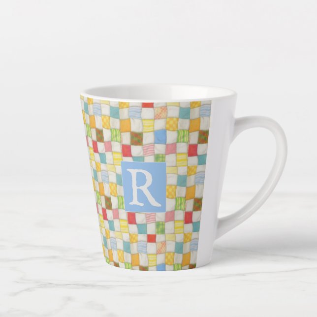 Latte CRAZY QUILT Caneca de Café + Texto / Azul (Direita)
