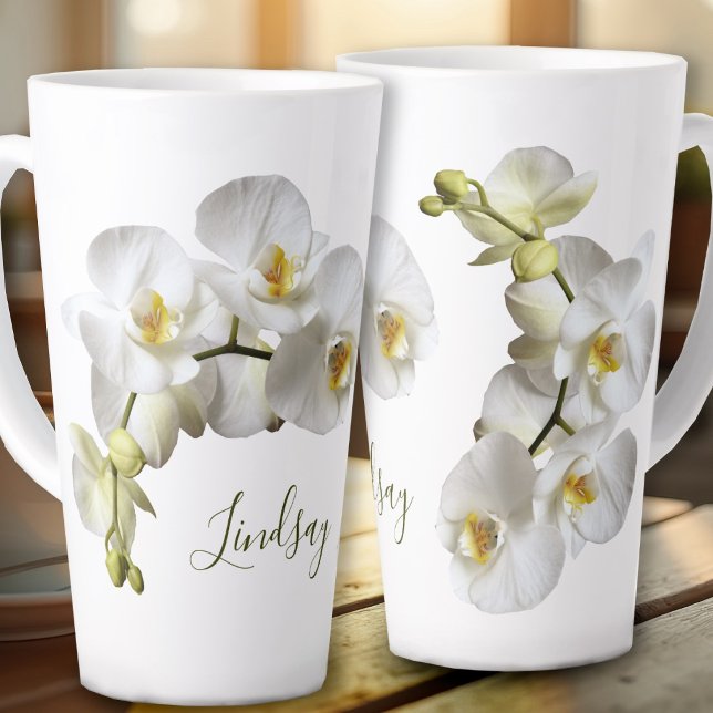 Latte Modelo de nome de orquídeas brancas Caneca de café (Criador carregado)