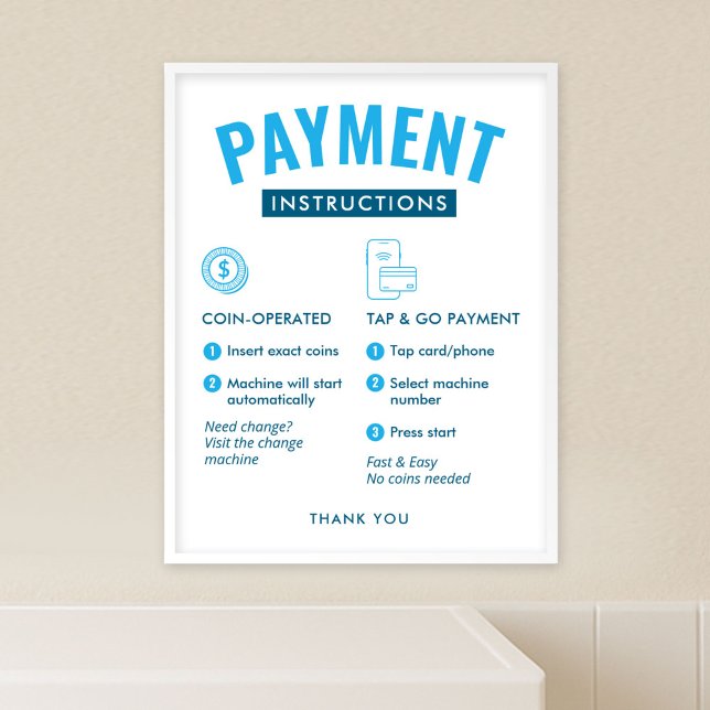 Laundromat Payment Instructions Poster Wall Sign (modern laundromat payment options and  instructions poster template in blue and white)