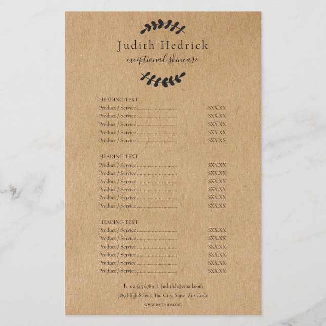 Laurel Deixa Rustic Kraft Salon Service Menu (Frente)