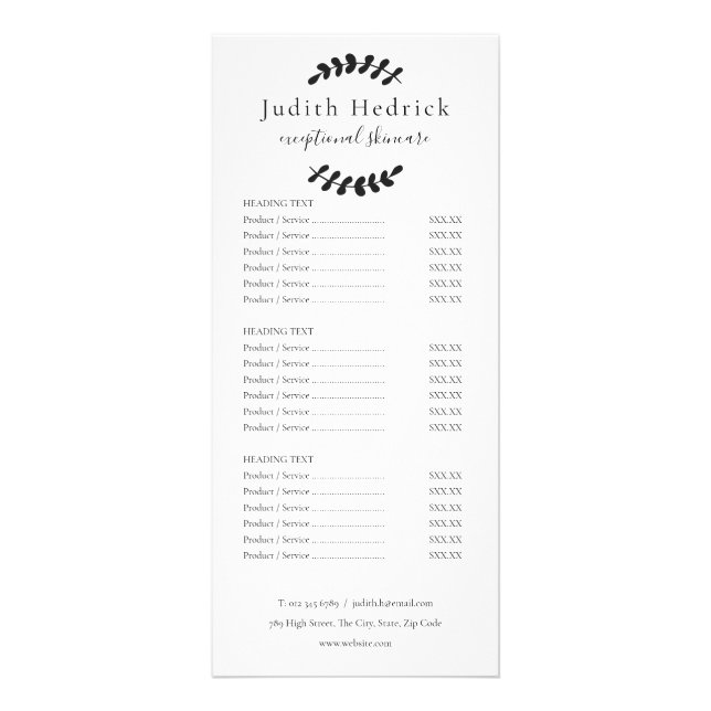Laurel Leaves Black and White Salon Service Menu (Frente)