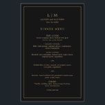 Lauren Black Dourado Monograma Elegante Casamento<br><div class="desc">Simples cardápio de casamento com uma design moderna, mas elegante, com seu monograma de duas letras junto com seus nomes e data cercada por uma fronteira fina. Todo o texto está em dourado falso sobre um fundo preto. As fontes e as cores de fundo podem ser alteradas para qualquer cor...</div>