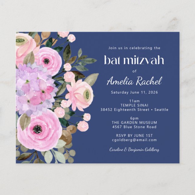 Lavanda Azul Floral Aquarela Bat Mitzvah (Frente)