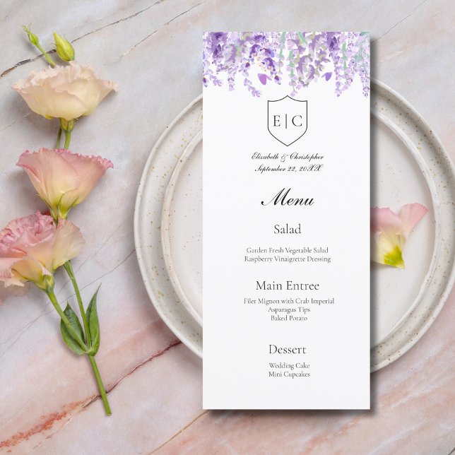 Lavanda Botânica Monograma Menu Casamento (Lavender Floral Botanical Wedding Menu Monogram Crest)