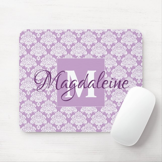 Lavanda Damask Mouse Pad com Monograma e Nome (Com mouse)