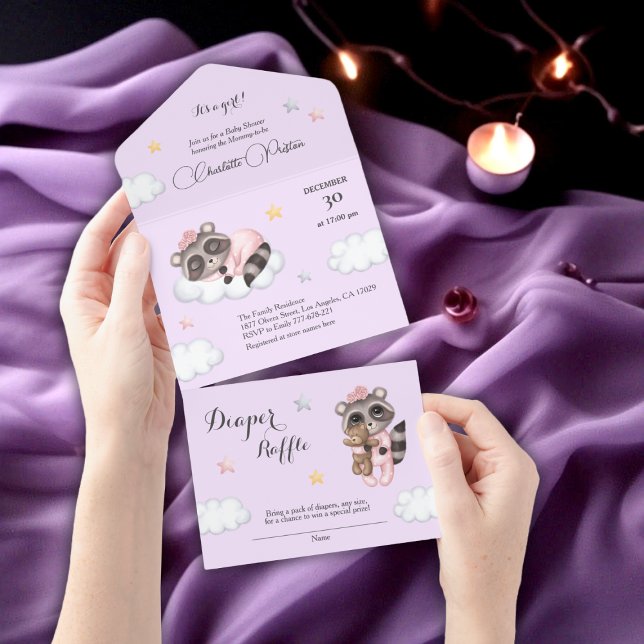 Lavanda de Chá de fraldas Raccoon (Gentle Raccoon Animal Girl Baby Shower All In One Invitation)
