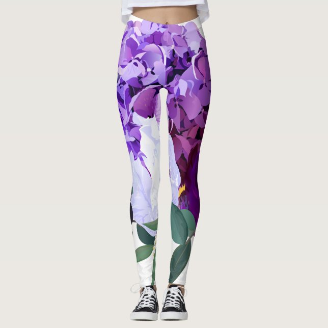 Lavanda de leggings femininas Hibiscus em branco (Frente)