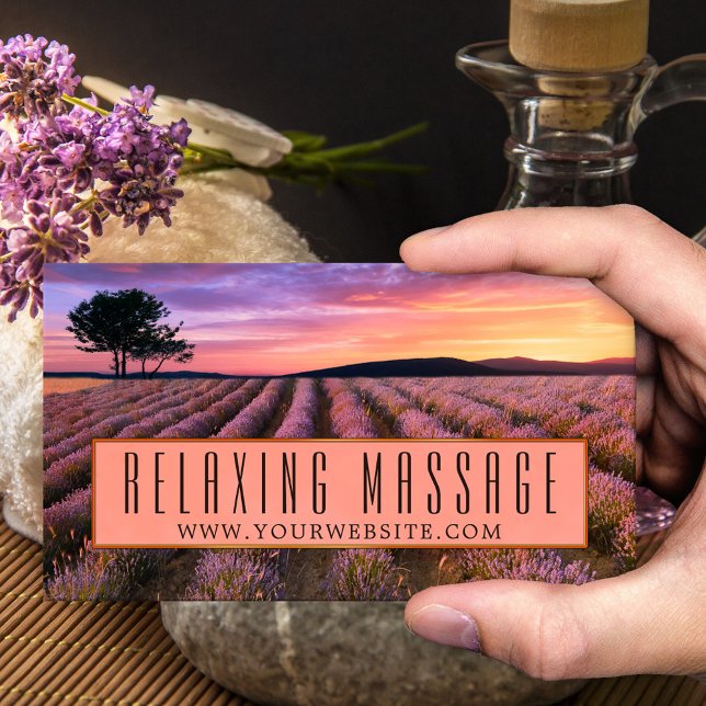 Lavanda de Recaxamento da Cartão de visita (Business card featuring an image of a lavender field at sunset. Beautiful for a massage therapist)