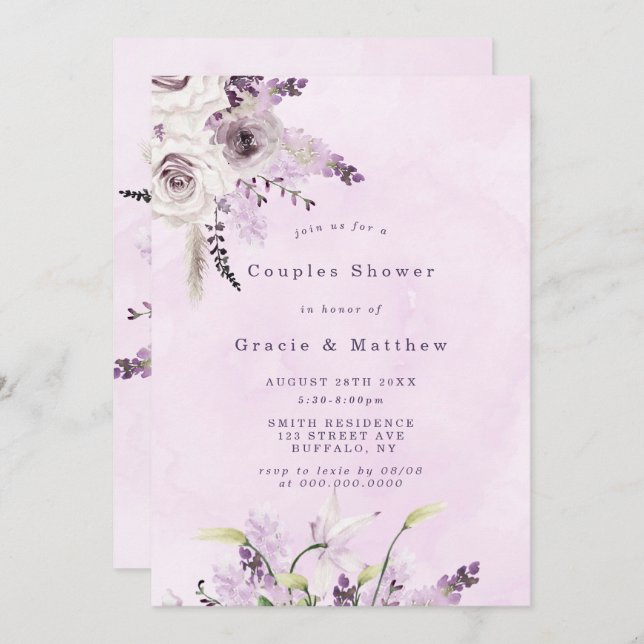 Lavanda de Wisteria White Rose Casal Invite (Frente/Verso)