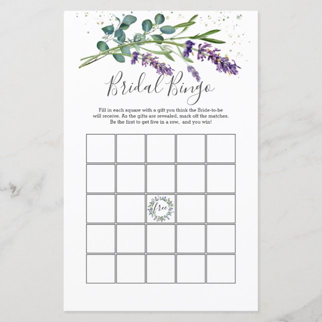Lavanda Eucalyptus Foliage Bridal Bingo Game (Frente)