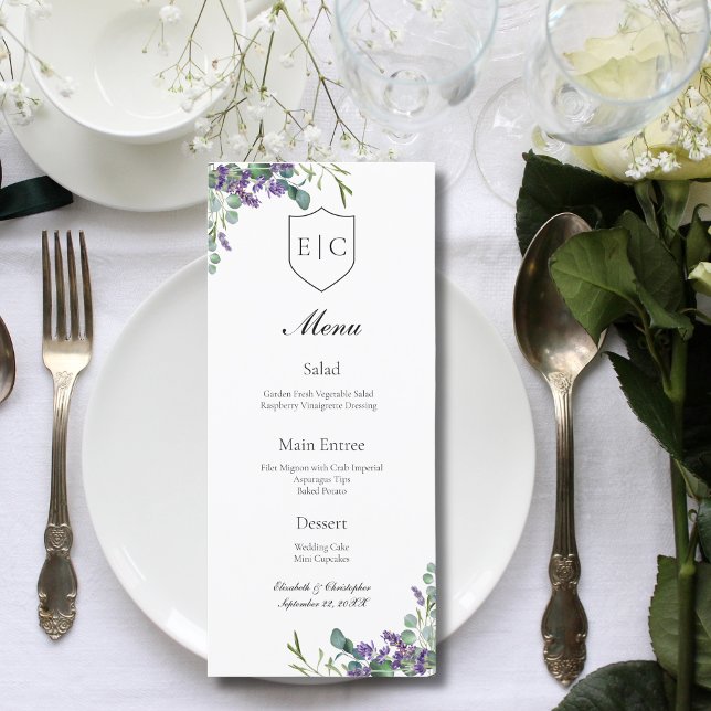 Lavanda Eucalyptus Monograma Menu Casamento (Monogram Initials Lavender Eucalyptus Wedding Menu)