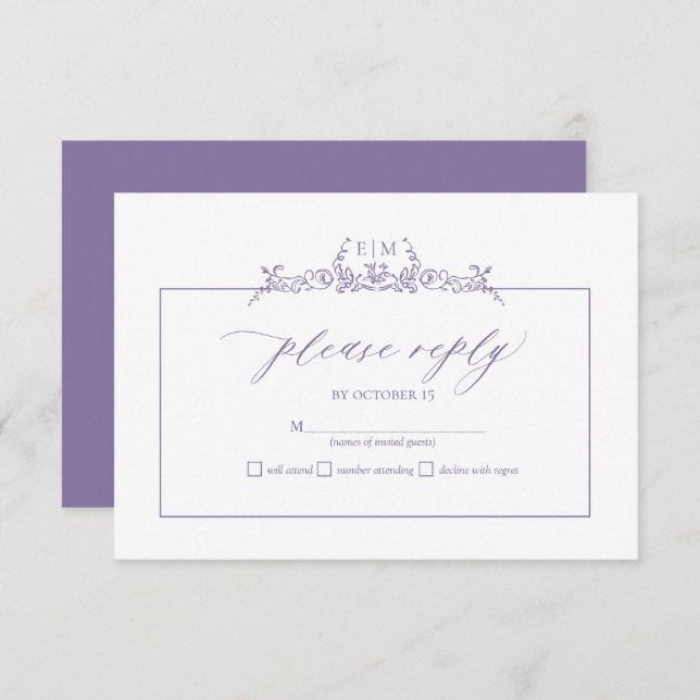 Lavanda Floral Border Monograma Weding RSVP Card (Frente/Verso)