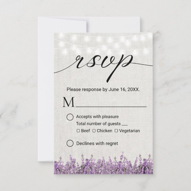 Lavanda Floral Rustic Linen Wedding RSVP (Frente)