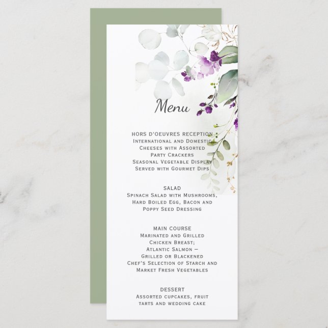 Lavanda Floral Weding Menu Verde Traseira (Frente/Verso)