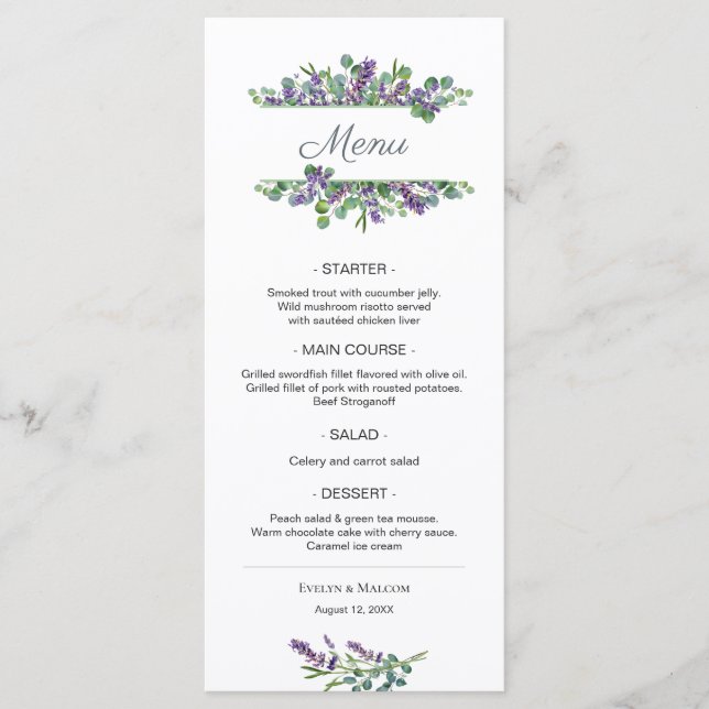 Lavanda Flores Eucalyptus Foliage Menu Casamento (Frente)