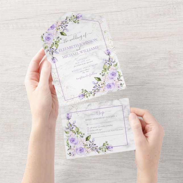 Lavanda Lilac Dourada Marble Floral Casamento A (Aba destacável)