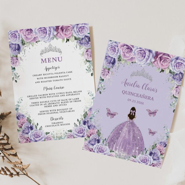 Lavanda Lilac Purple Rosa Floral Quinceanera Menu (Criador carregado)