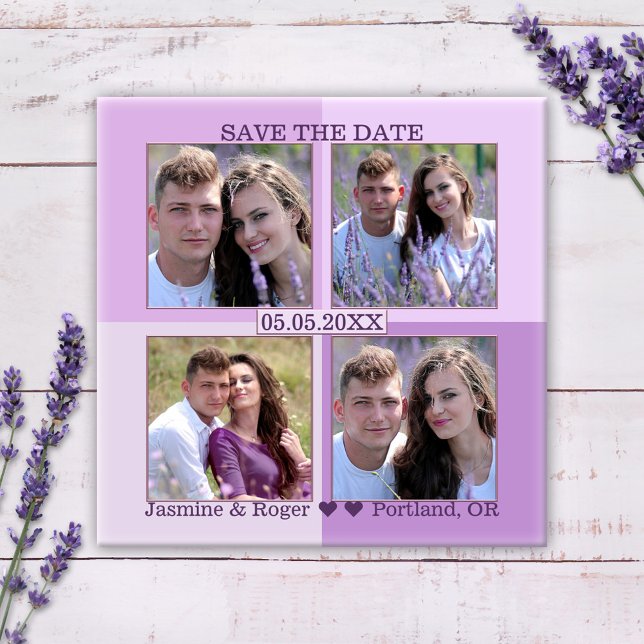 Lavanda Lilac Sua Imã salve a data de 4 Fotografia (Save the Date magnet featuring your own 4 photos framed by a checkered lilac and lavender background)