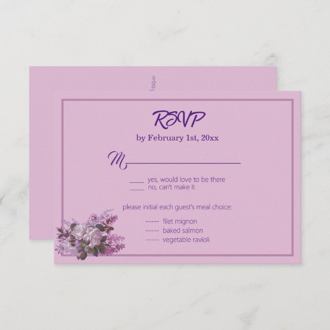 Lavanda,Lilases, Rosas, Cartão RSVP de Casamento (Frente/Verso)