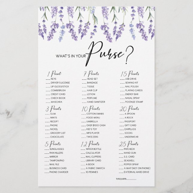 Lavanda O que há no seu jogo da bolsa (Frente)