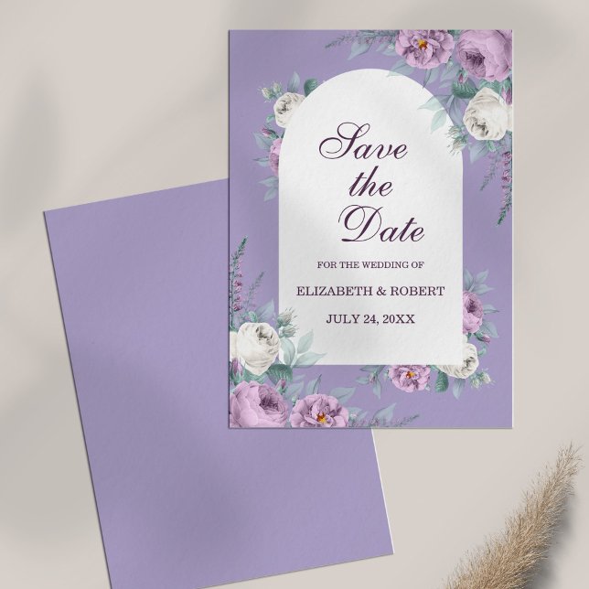 Lavanda Roxo Pessoas Salvem O Cartão Data (Lavender Purple Peonies Save The Date Card n white table.)