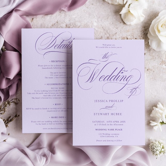 Lavanda Roxo tudo em um convite de casamento em ca (Lavender Purple all in one calligraphy wedding Invitation)
