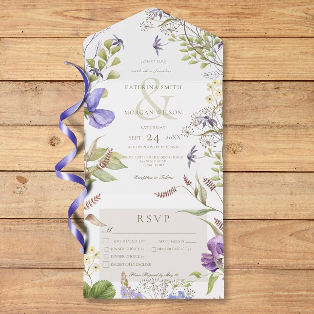 Lavanda russa Flores brancas Janto 3 (Rustic Lavender Wildflowers White Three Dinner All In One Invitation)