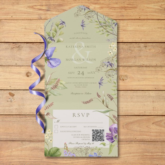 Lavanda russa Flores Selvagens Código QR (Rustic Lavender Wildflowers Sage QR Code All In One Invitation)