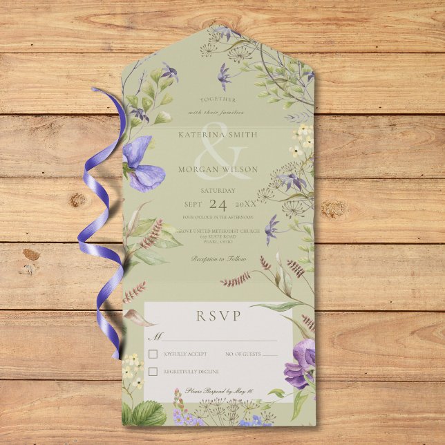 Lavanda russa Flores selvagens Sage No Janta (Rustic Lavender Wildflowers Sage No Dinner All In One Invitation)