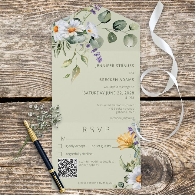 Lavanda Rustic Daisy Floral Sage Green Código QR (Criador carregado)