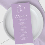 Lavanda Simples Monograma de Menus de Casamento<br><div class="desc">Este elegante menu de casamento de lavandas apresenta um monograma simples com as iniciais da noiva e do noivo rodeadas de uma arte branca. A palavra "Menu" é definida em um roteiro de caligrafia. Use os campos modelo para adicionar os itens de menu personalizados. Perfeito para casamentos, janto de ensaio,...</div>