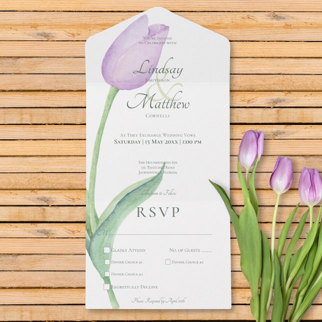 Lavanda Tulip Solo Purple Janto Moderno (Lavender Tulip Solo Purple Modern Dinner All In One Invitation)