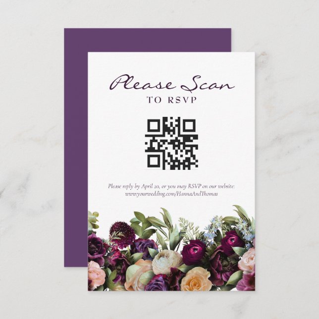 Lavendar Dark Floral Weding QR Code RSVP Card (Frente/Verso)