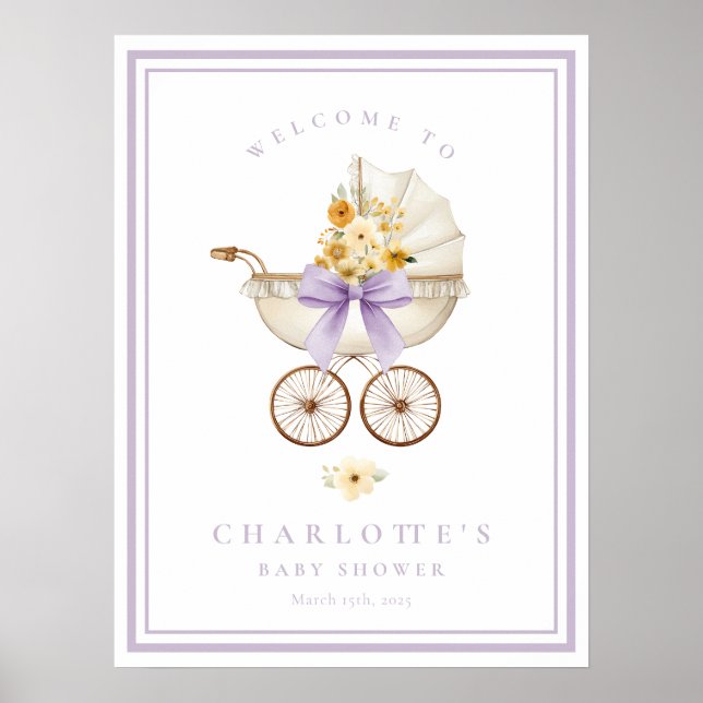 Lavender Baby Shower Welcome Poster | Vintage Pram (Frente)