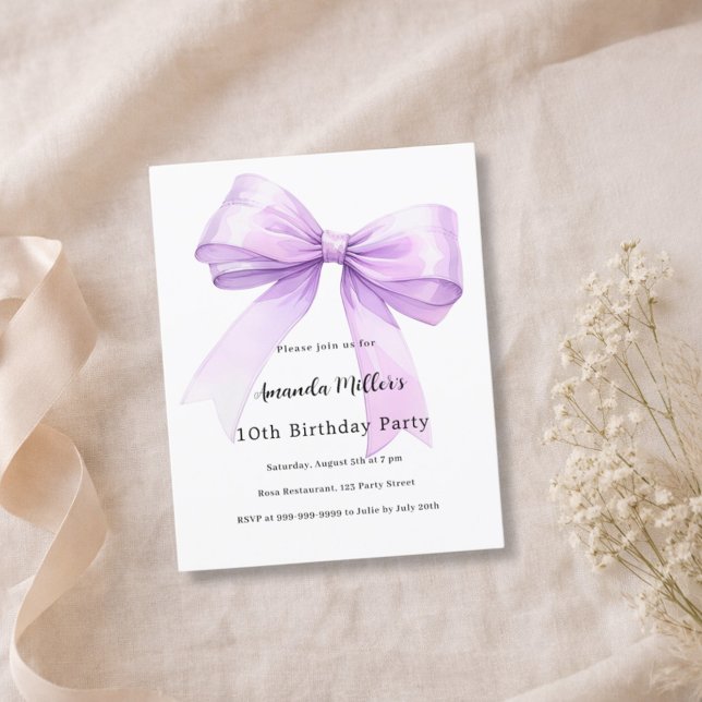 Lavender bow coquette girl birthday invitation (Criador carregado)