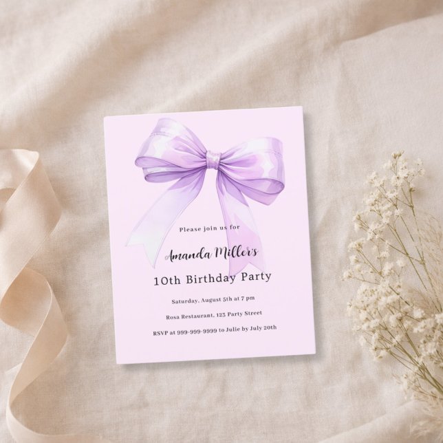 Lavender bow pink coquette birthday invitation (Criador carregado)