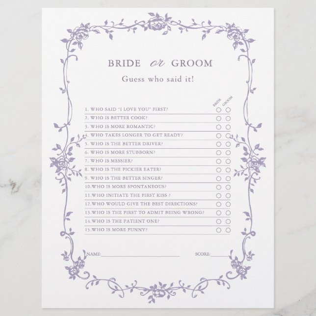 Lavender 'Bride or Groom' Bridal Shower Game  (Frente)