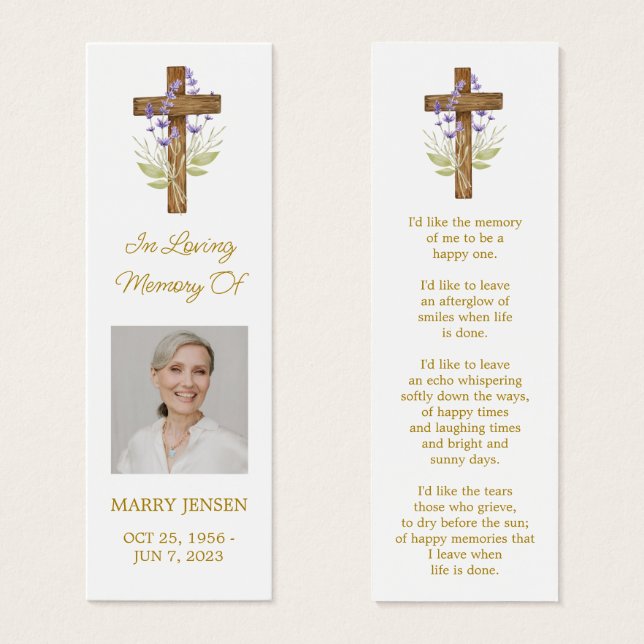 Lavender Cross Photo Funeral Bookmark (Frente & Verso)
