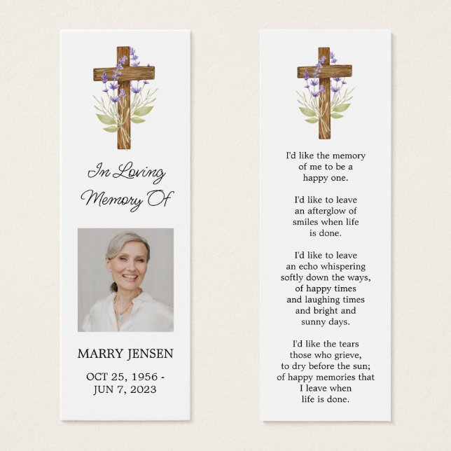 Lavender Cross Photo Funeral Bookmark (Frente & Verso)
