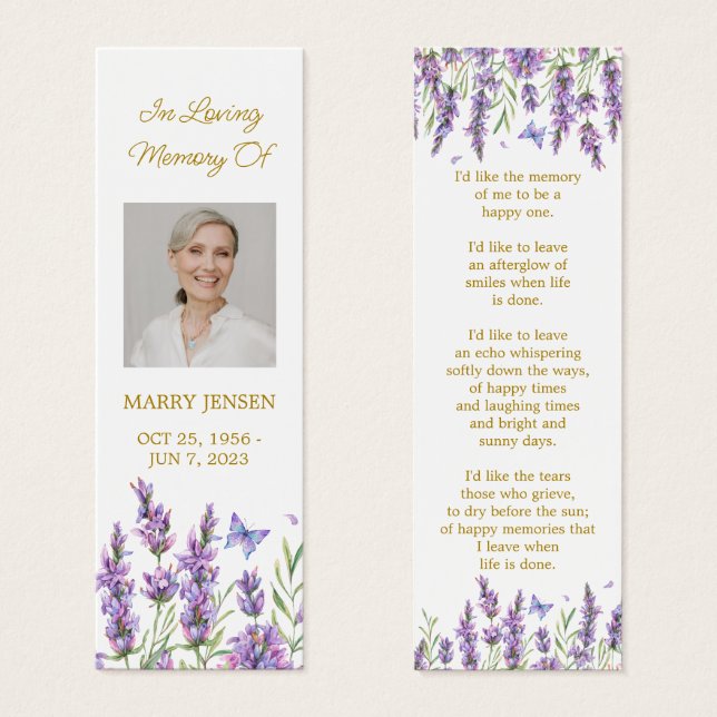 Lavender Floral Photo Funeral Memorial Bookmark (Frente & Verso)