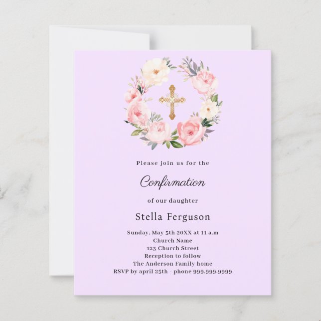 Lavender florals cross Confirmation invitation (Frente)