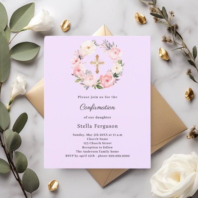 Lavender florals cross Confirmation invitation (Criador carregado)