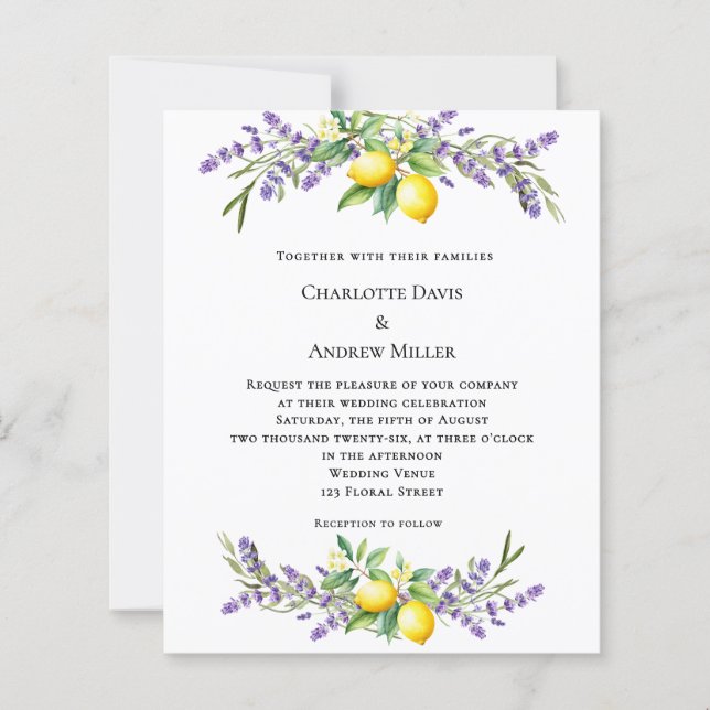Lavender florals lemons wedding invitation (Frente)