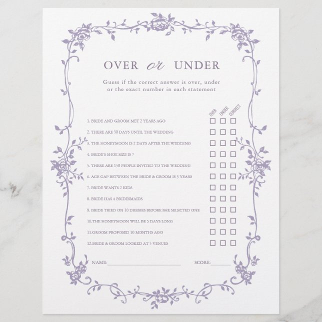 Lavender 'Over or Under' Bridal Shower Game (Frente)