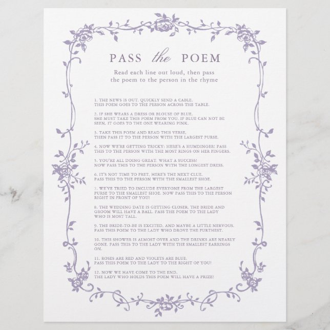 Lavender 'Pass the Poem' Bridal Shower Game (Frente)