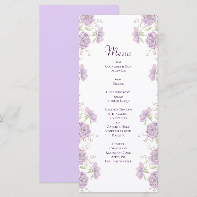 Lavender Purple Rose Wedding Menus (Frente/Verso)