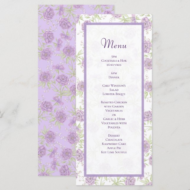 Lavender Purple Rose Wedding Menus (Frente/Verso)
