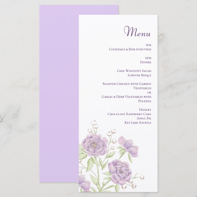 Lavender Purple Rose Wedding Menus (Frente/Verso)