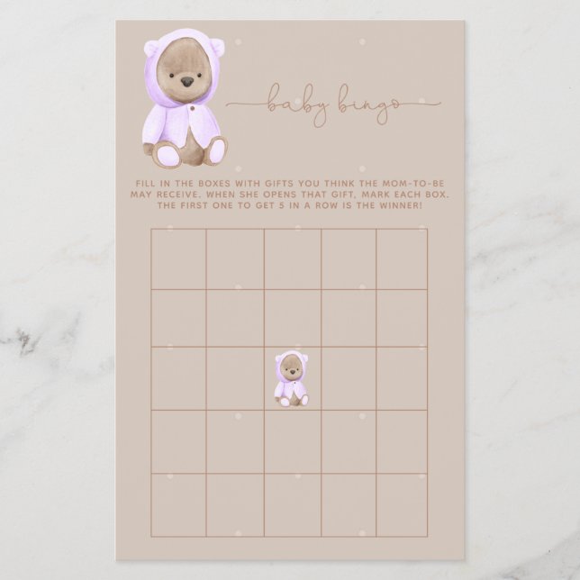Lavender Teddy Bear Baby Shower Bingo Game Flyer (Frente)